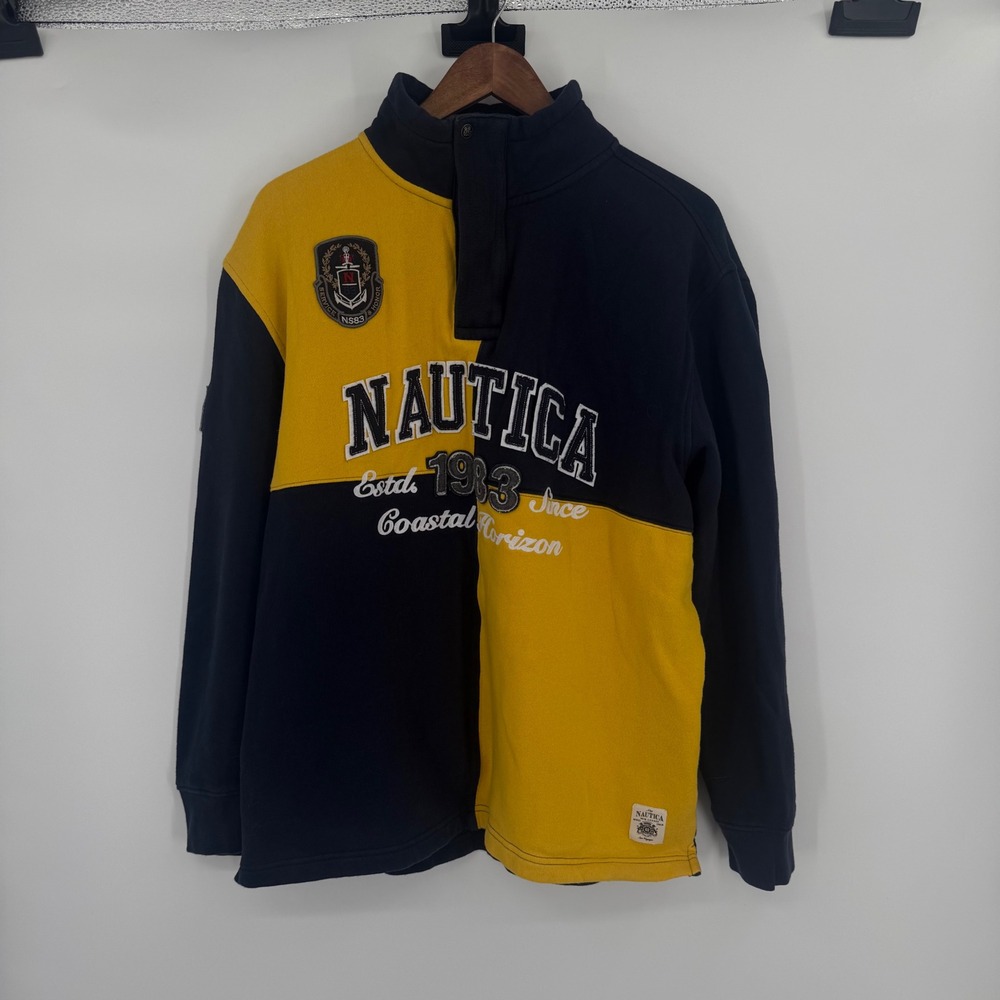 Nautica Mens Quarter Zip Pullover‎ Sweatshirt Colorblock 1983 Logo Patch